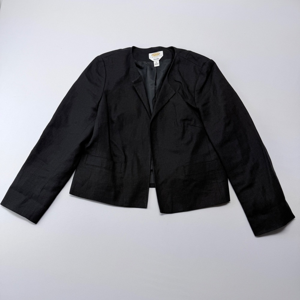 Talbots Petites Black Irish Linen Open Front Collarless Blazer Jacket Size 12P